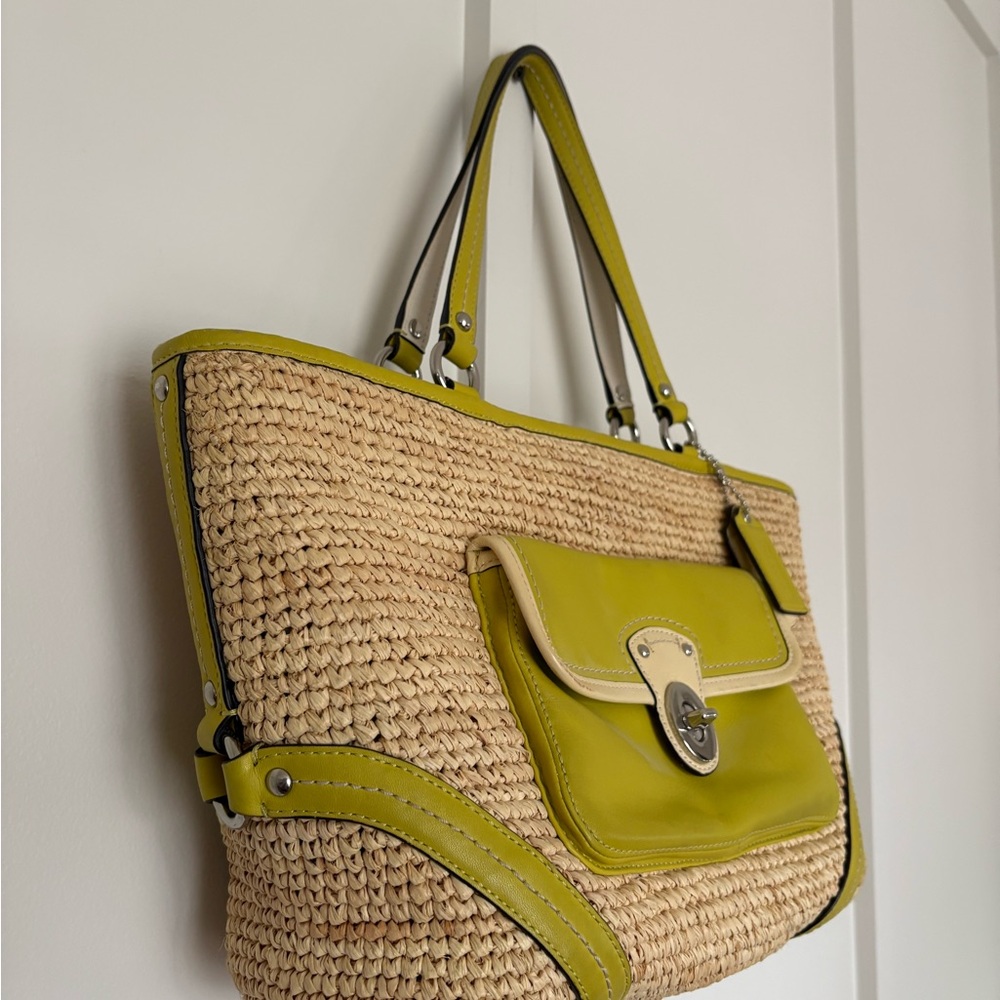 Vintage Coach Straw Shoulder Bag - Lime Green Leather Trim - Picture 2 of 10